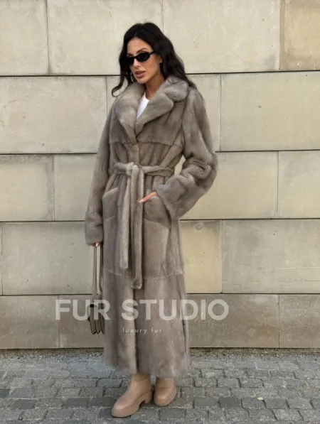 Норковая шуба цельный мех с поясом Luxury Line - цвет silver - фото 13