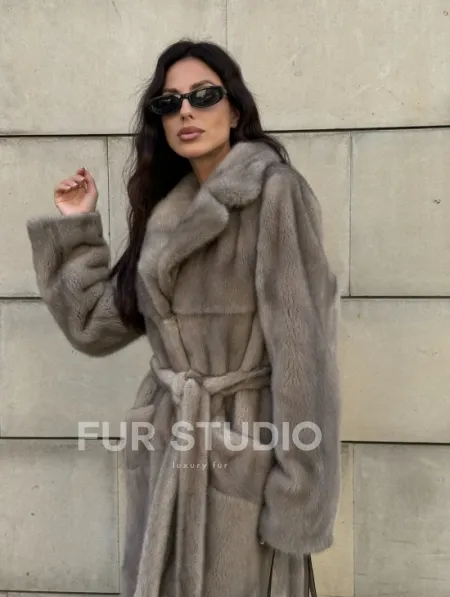 Норковая шуба цельный мех с поясом Luxury Line - цвет silver - фото 12