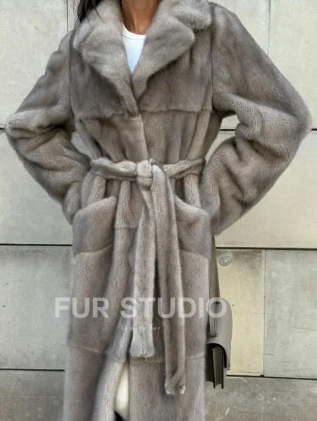 Норковая шуба цельный мех с поясом Luxury Line - цвет silver - фото 6