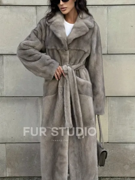 Норковая шуба цельный мех с поясом Luxury Line - цвет silver - фото 10