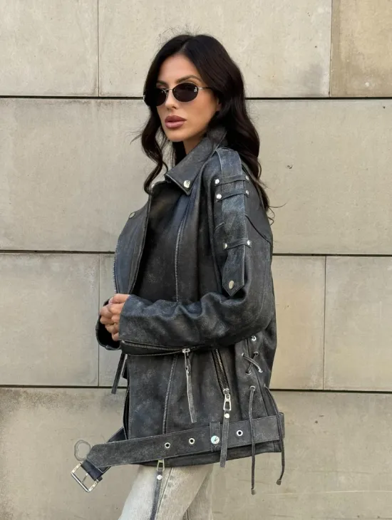 Куртка-косуха винтажная из натуральной кожи со шнуровкой - фото 10