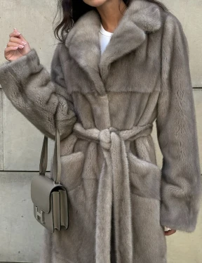 Норковая шуба цельный мех с поясом Luxury Line - цвет silver - фото 3