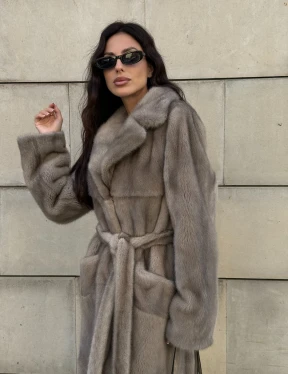Норковая шуба цельный мех с поясом Luxury Line - цвет silver - фото 12