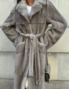 Норковая шуба цельный мех с поясом Luxury Line - цвет silver - фото 6