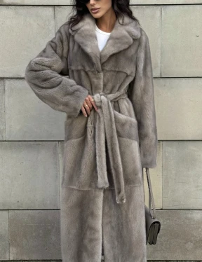 Норковая шуба цельный мех с поясом Luxury Line - цвет silver - фото 10