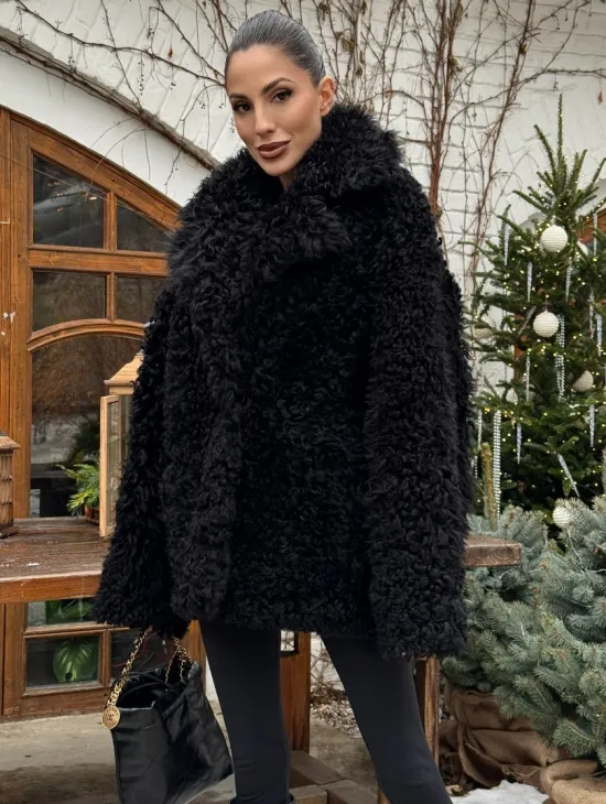 Черная короткая шуба - дубленка из испанской овчины «Тиградо» - фото 2