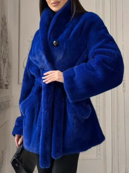 Полушубок из меха премиальной плюшевой норки Electric Blue - фото 3