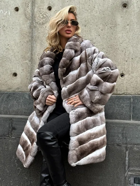 Женская серая шуба из элитного шиншиллового кролика (рекса) с английским воротником - фото 7