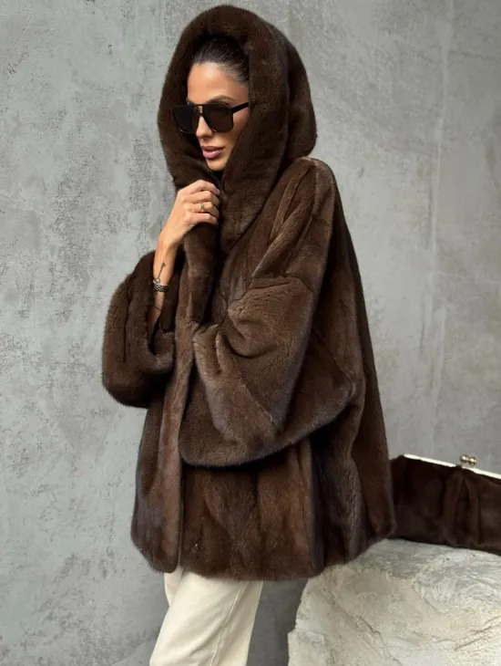 Норковый полушубок с капюшоном - цвет коричневый - фото 5