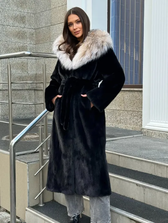 Черная норковая шуба с капюшоном из рыси - фото 10