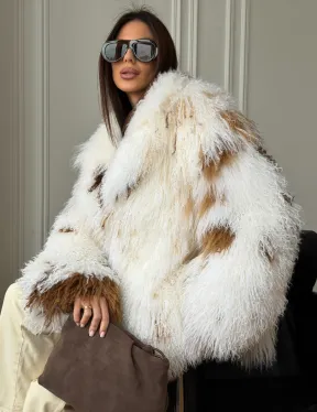 Шуба из ламы бело-коричневая - фото 7