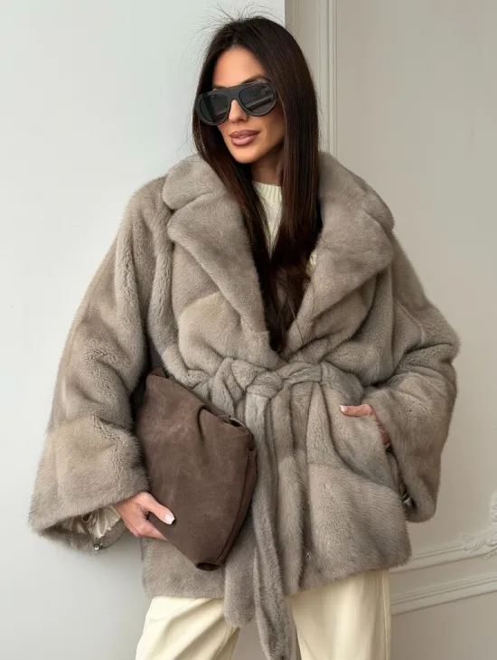 Норковый полушубок в натуральном цвете Silver - фото 0