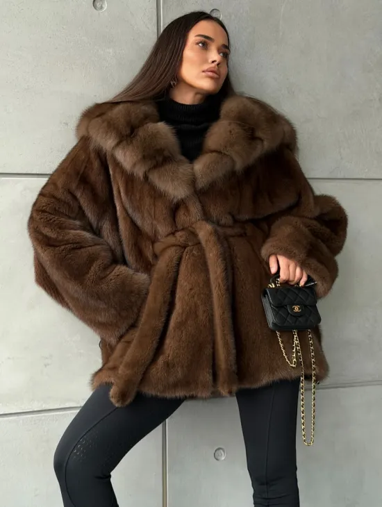 Полушубок норковый летучая мышь - капюшон куница - фото 10