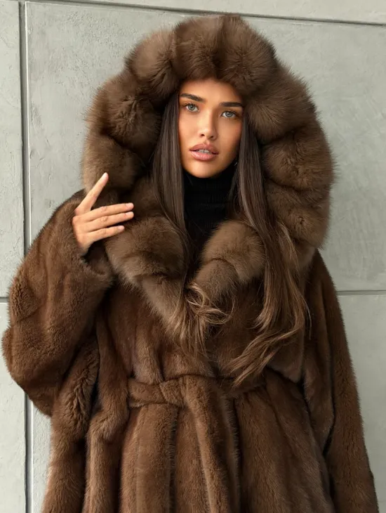 Полушубок норковый летучая мышь - капюшон куница - фото 9