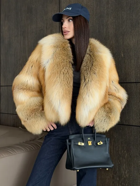 Полушубок-кроп с большим шалевым воротником из меха лисы Golden Sunrise - фото 5