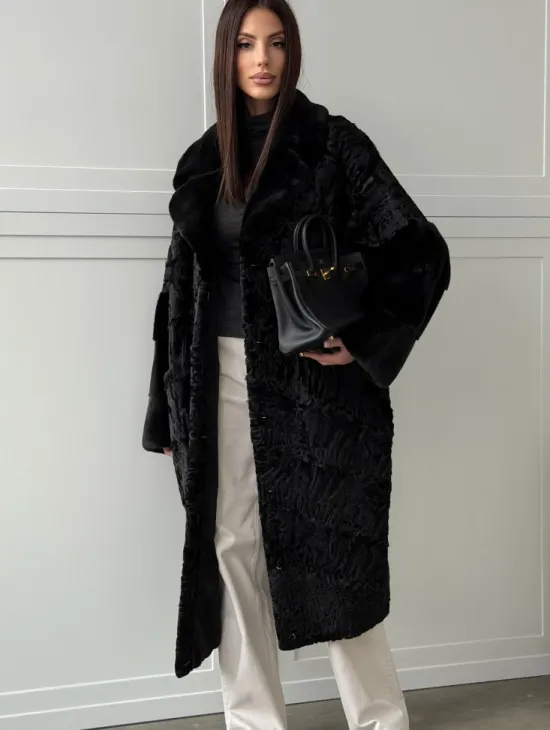 Черная шуба из каракуля с норкой - фото 5