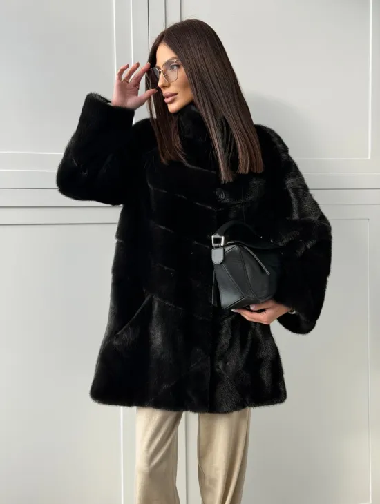 Черная норковая шуба - стойка воротник - фото 8