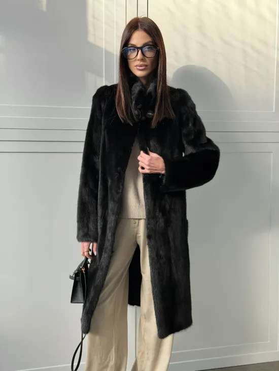 Черная норковая шуба - воротник стойка - фото 10