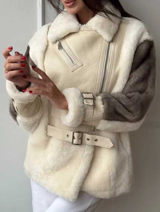 Дубленка из натуральной овчины с рукавами из меха норки - фото 2