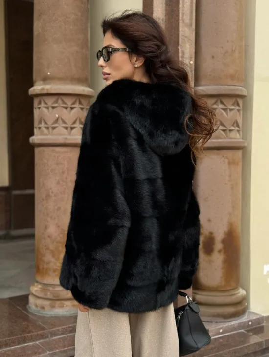 Черная норковая шуба с капюшоном - фото 4