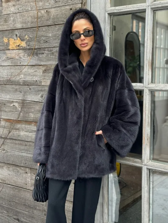 Шуба норковая с капюшоном - цвет графит - фото 2