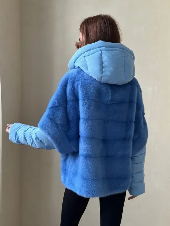 Норковый пуховик/жилет 2в1 - цвет голубой - фото 3